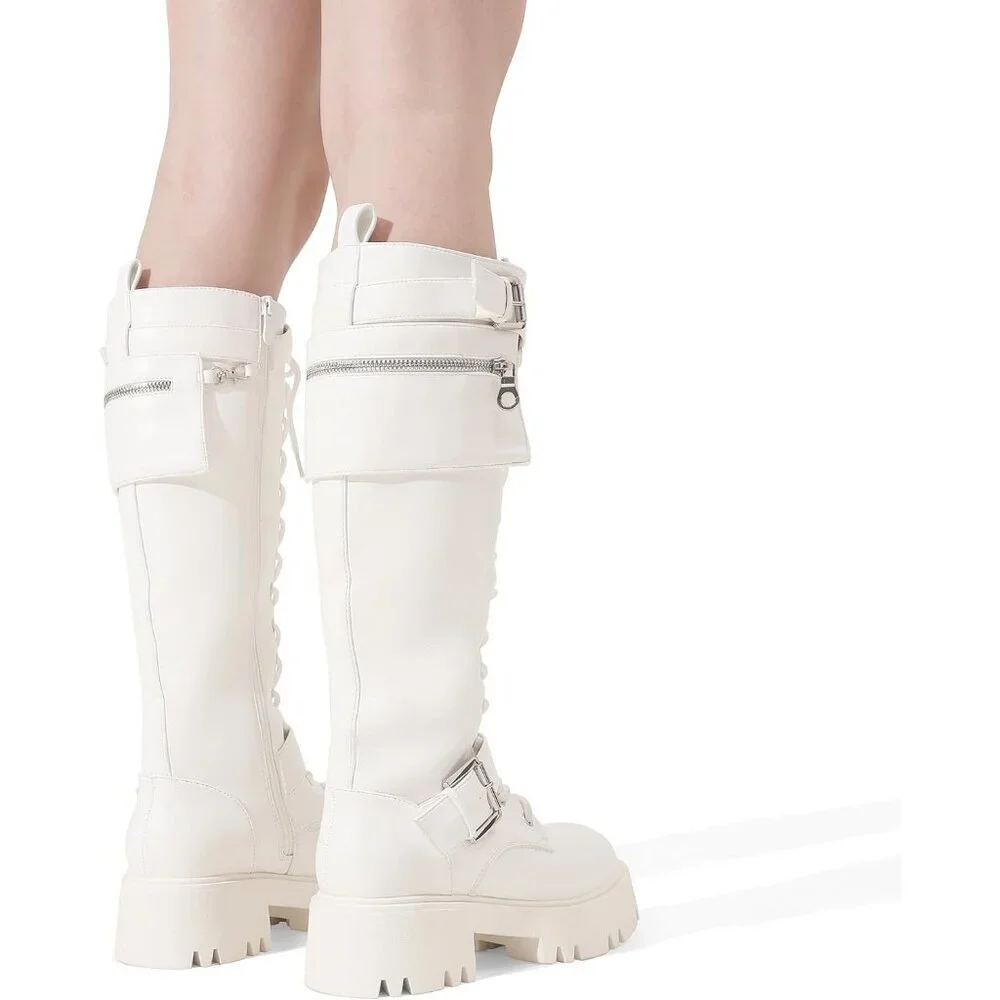 Women's Leather White Combat Platform Knee High Lace Up Boots Motorcycle Boots - Picture 9 of 9